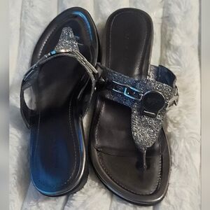 Marc Fisher Chain Embellished Slip on Silver Sandals Size 9.5 EUC